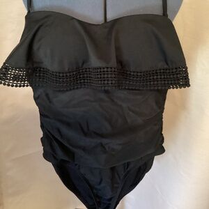 Kona Sol Black one-piece ruffle-top swimsuit